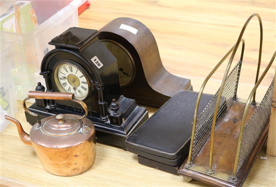 Two mantel clocks, a magazine rack, a copper kettle, etc.